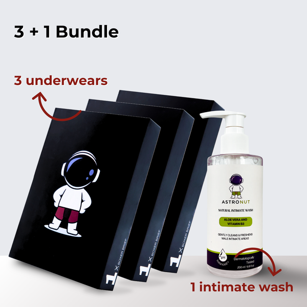 3 Astronut Men's Boxers + 1 Intimate Wash Bundle - Comfort & Care